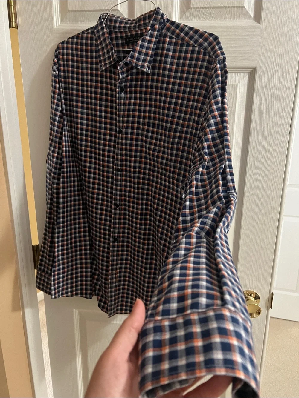 Banana Republic Men's Navy & Orange Luxe Flannel Shirt, XXL Slim fit